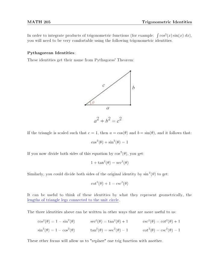 Trigonometric Identities for MATH 205