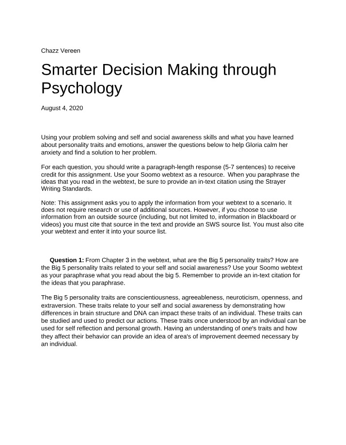 Smarter Decision Making Assignment - Applying Psychology to Calm Anxiety