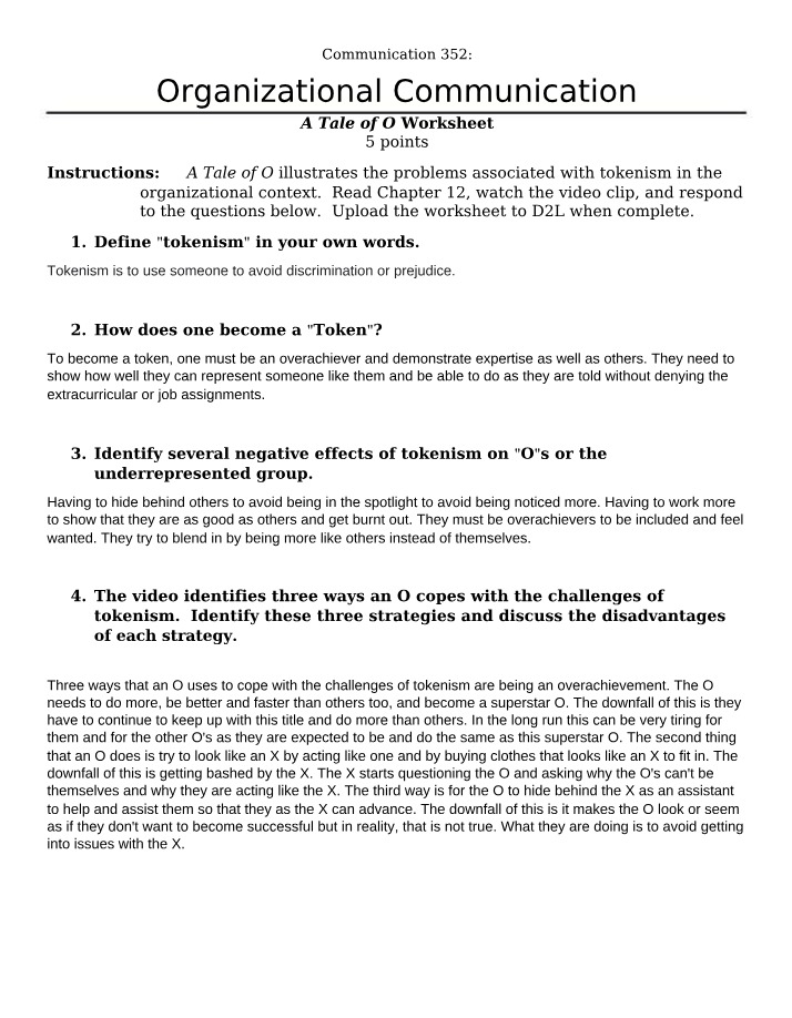 Worksheet - A Tale of O
