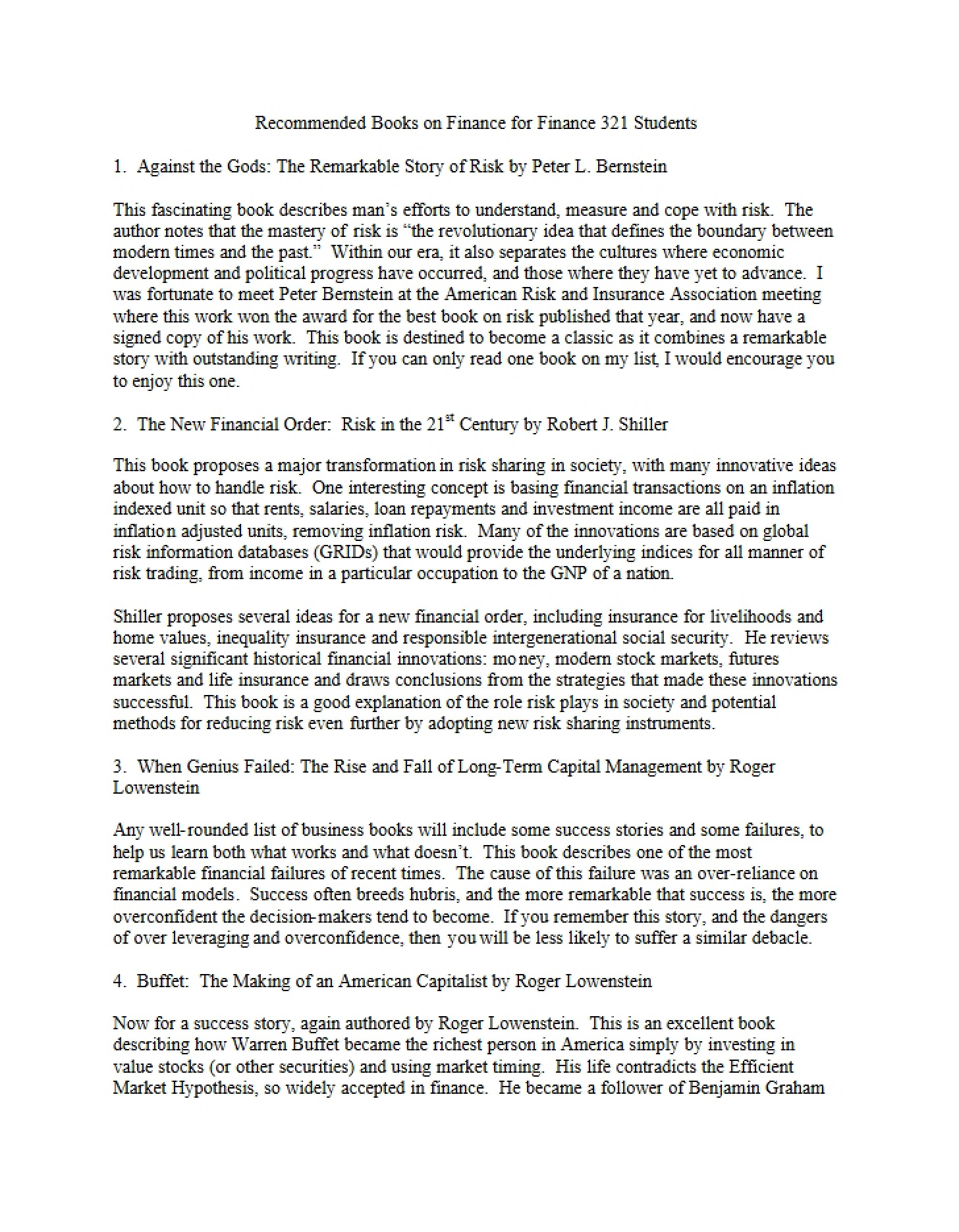 Finance 321 Book Recommendations