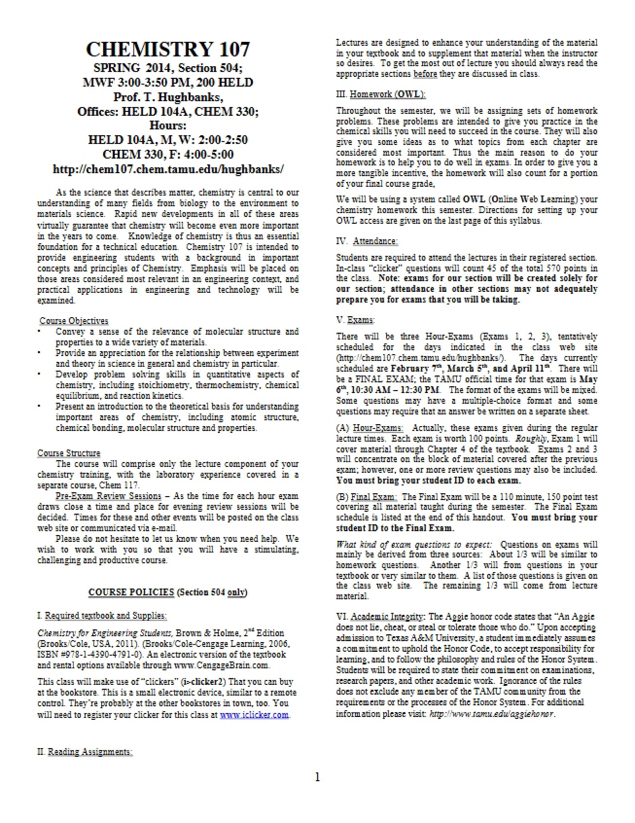 Syllabus for a Course on General Chemistry for Engineers