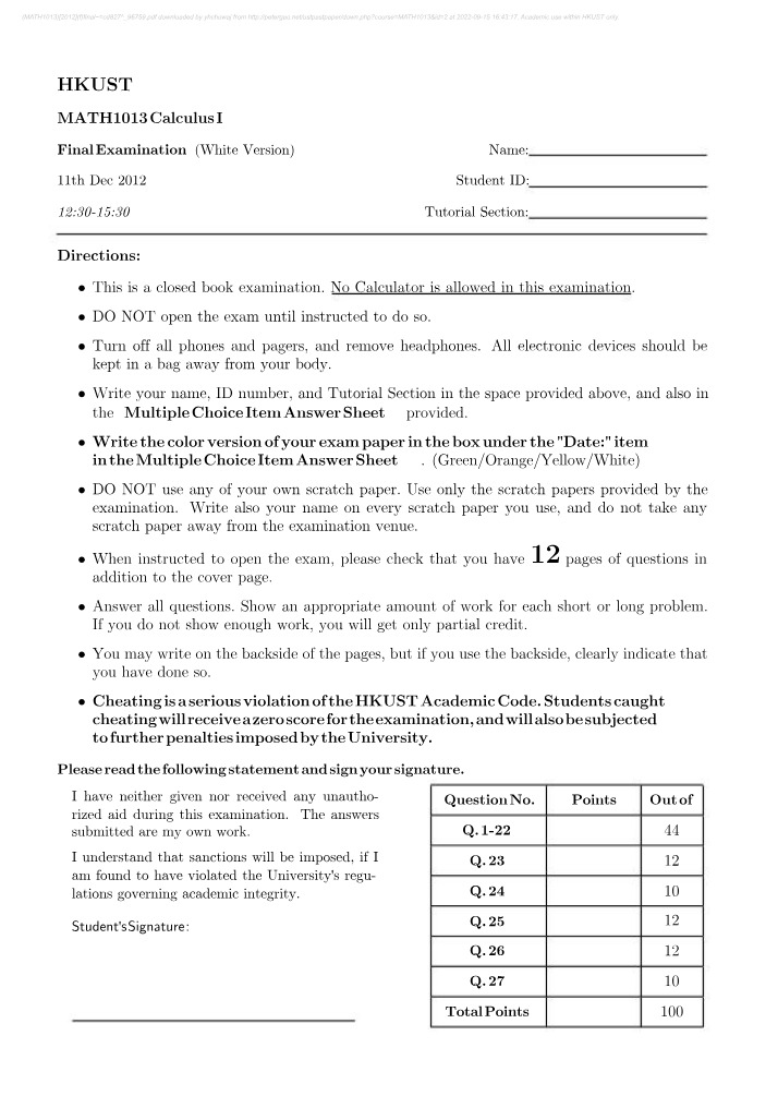 Final Examination White Version - MATH1013 Calculus I (11th Dec 2012)