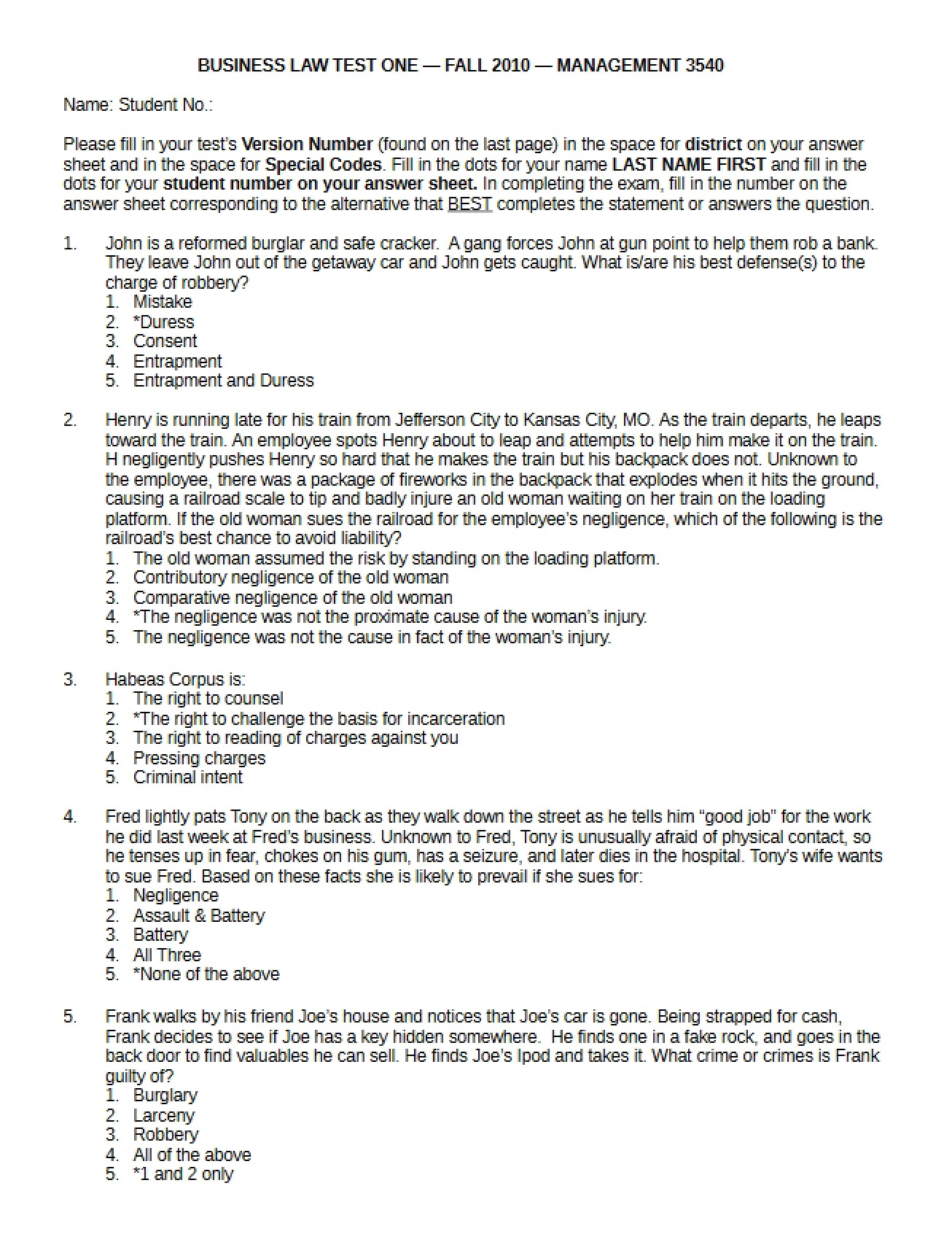 Sample Exam 1 for Management