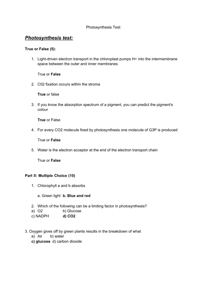 Test on Photosynthesis