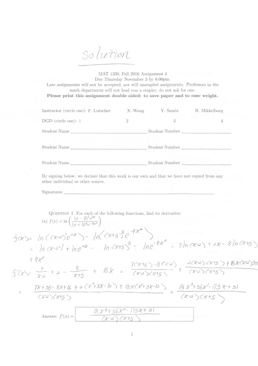 Assignment 4 Solutions - Fall 2016 MAT 1330