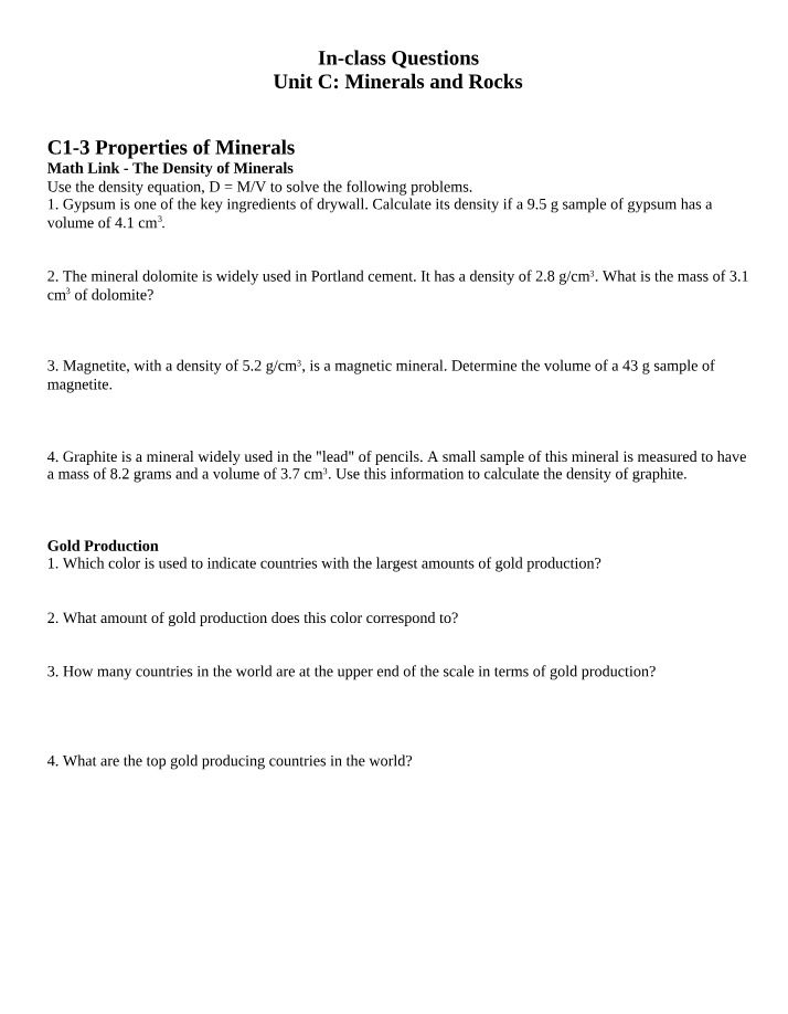Minerals and Rocks Unit C Questions