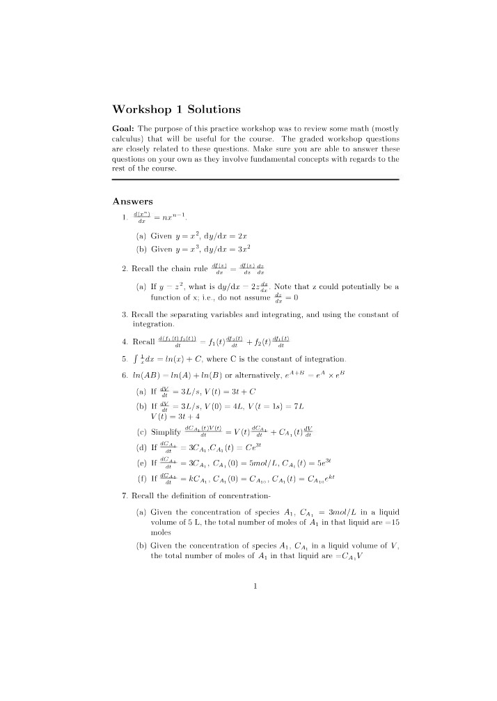 Workshop 1 Solutions and Practice - Fundamental Calculus Review