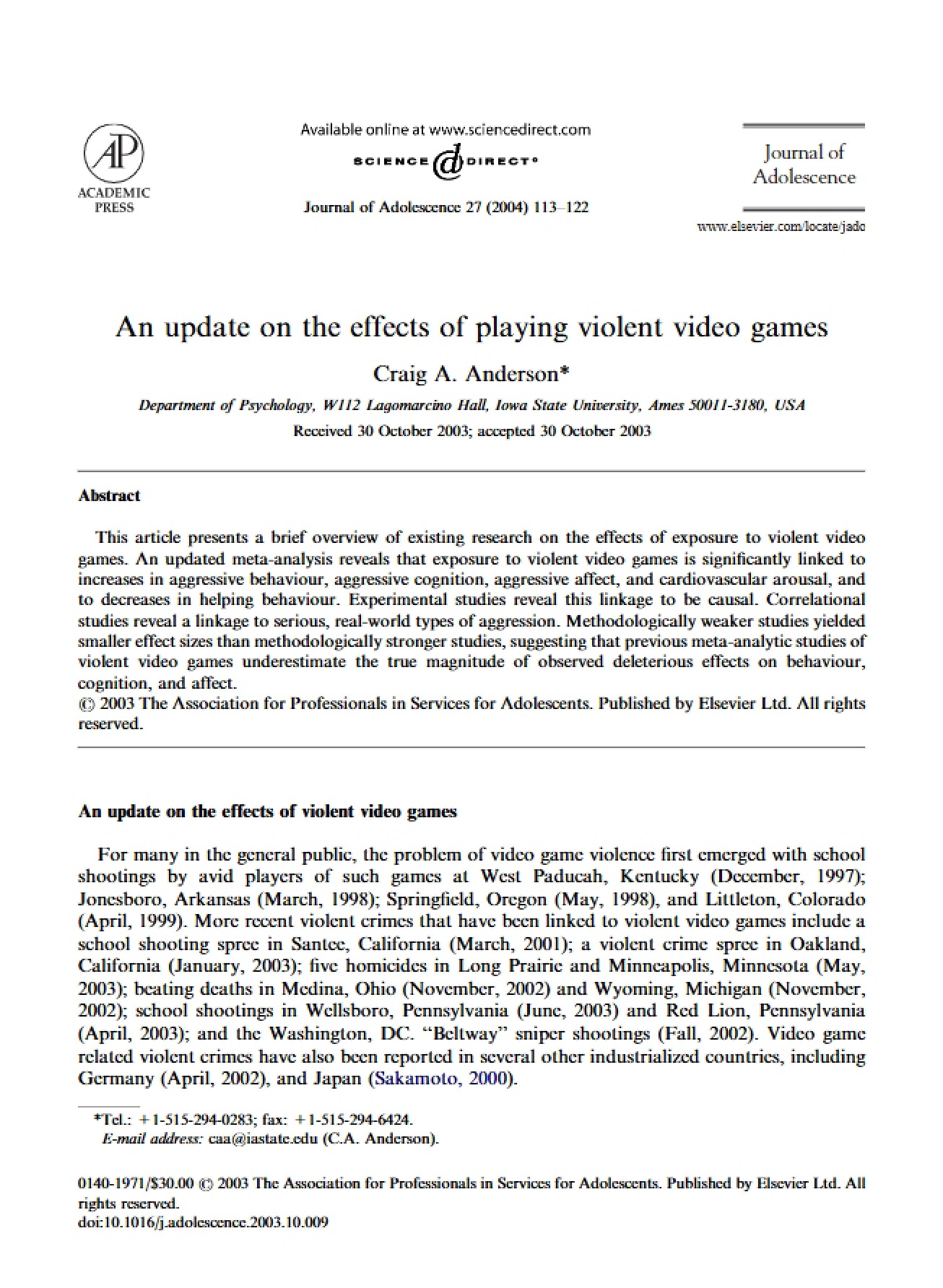 Violent Video Games Updated Effects Analysis