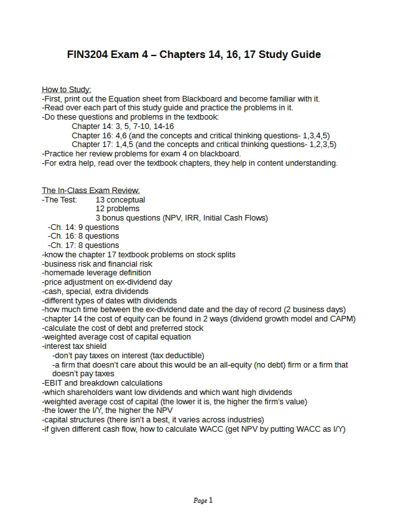 Study Guide for the Fourth Financial Management Exam