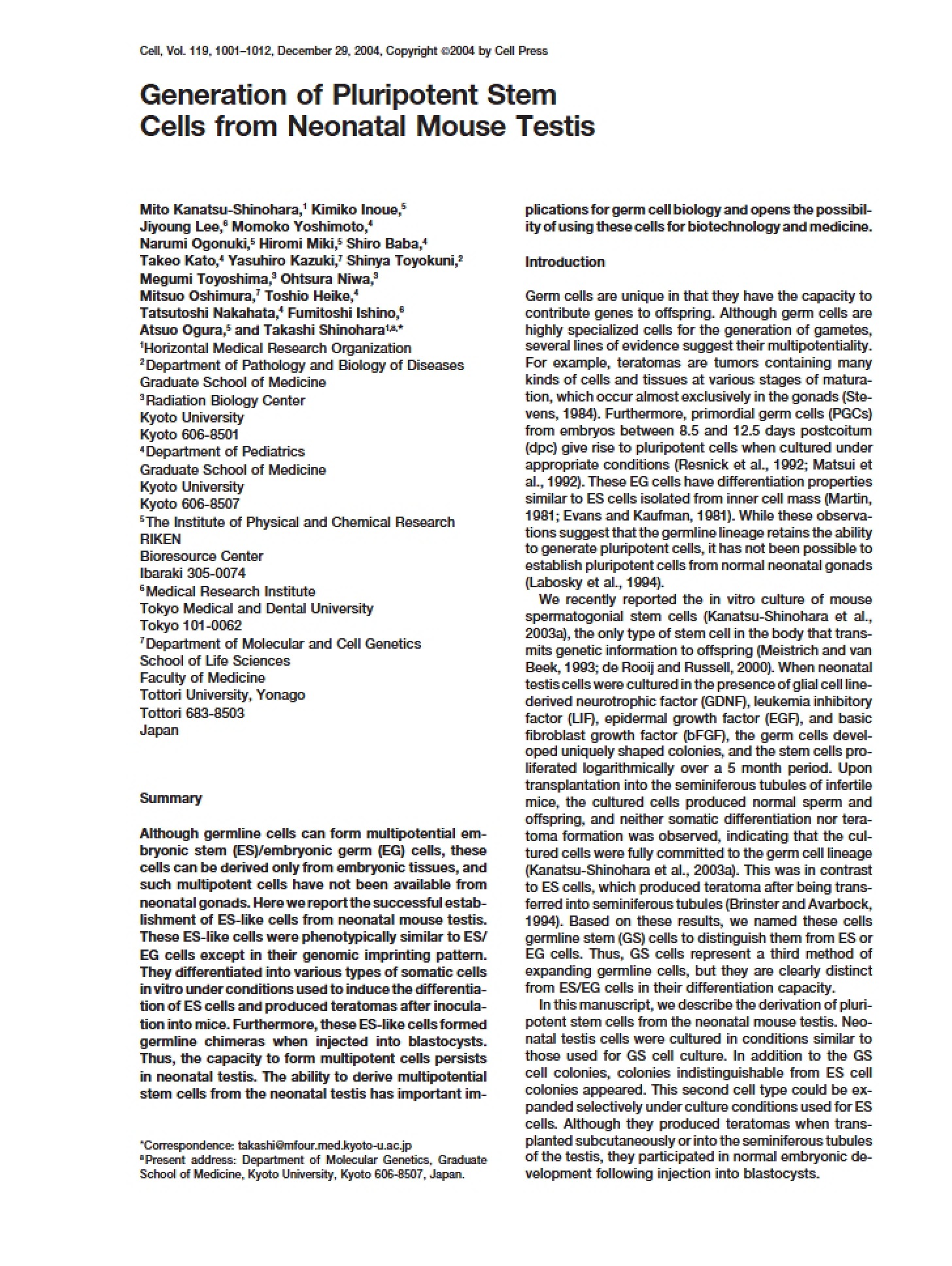 Pluripotent Stem Cell Generation from Neonatal Mouse Testis