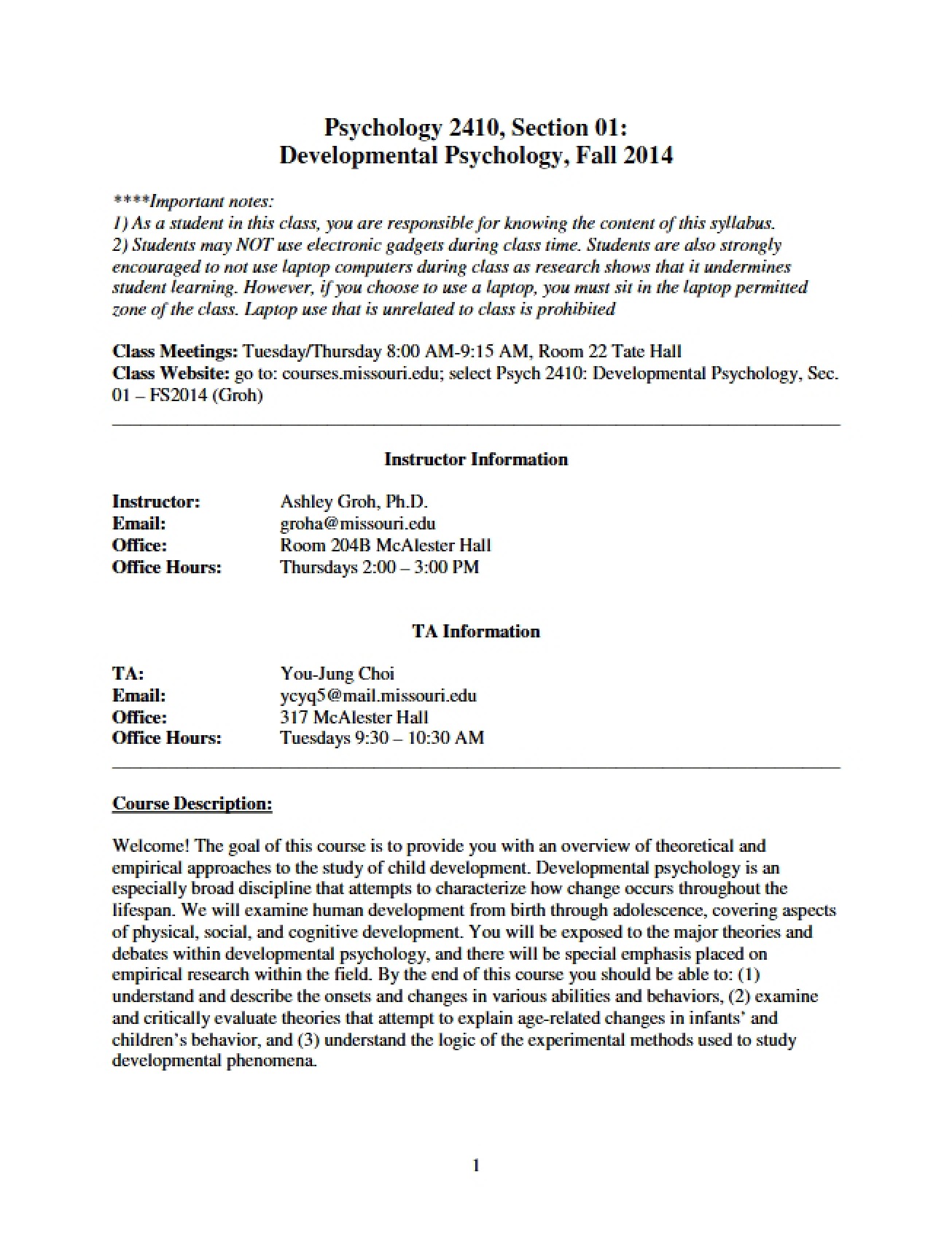 Developmental Psychology Syllabus (Fall 2014)
