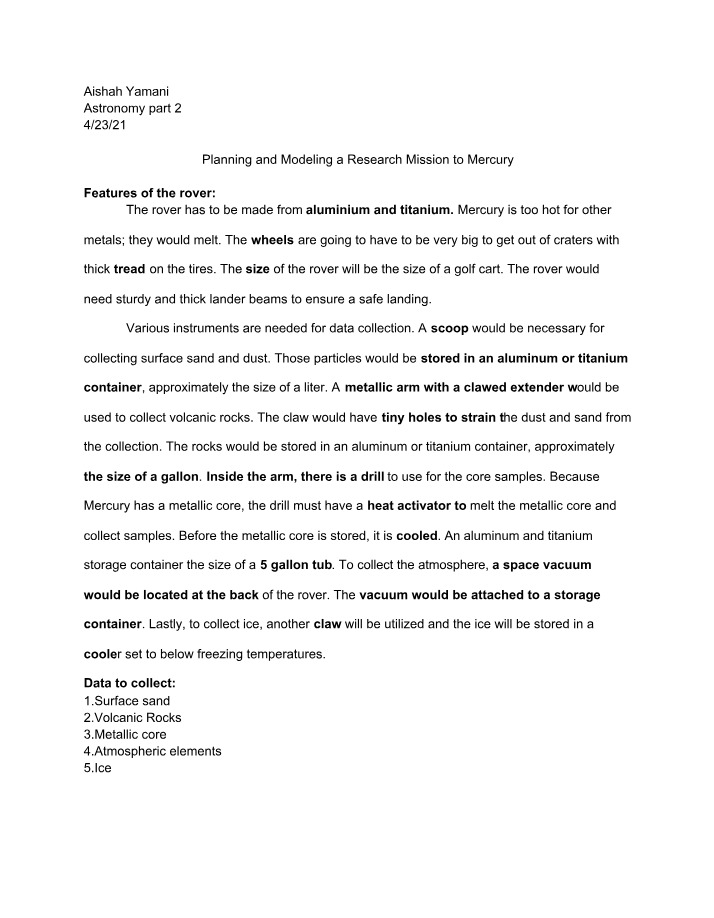 Mercury Rover Mission - Planning and Modeling