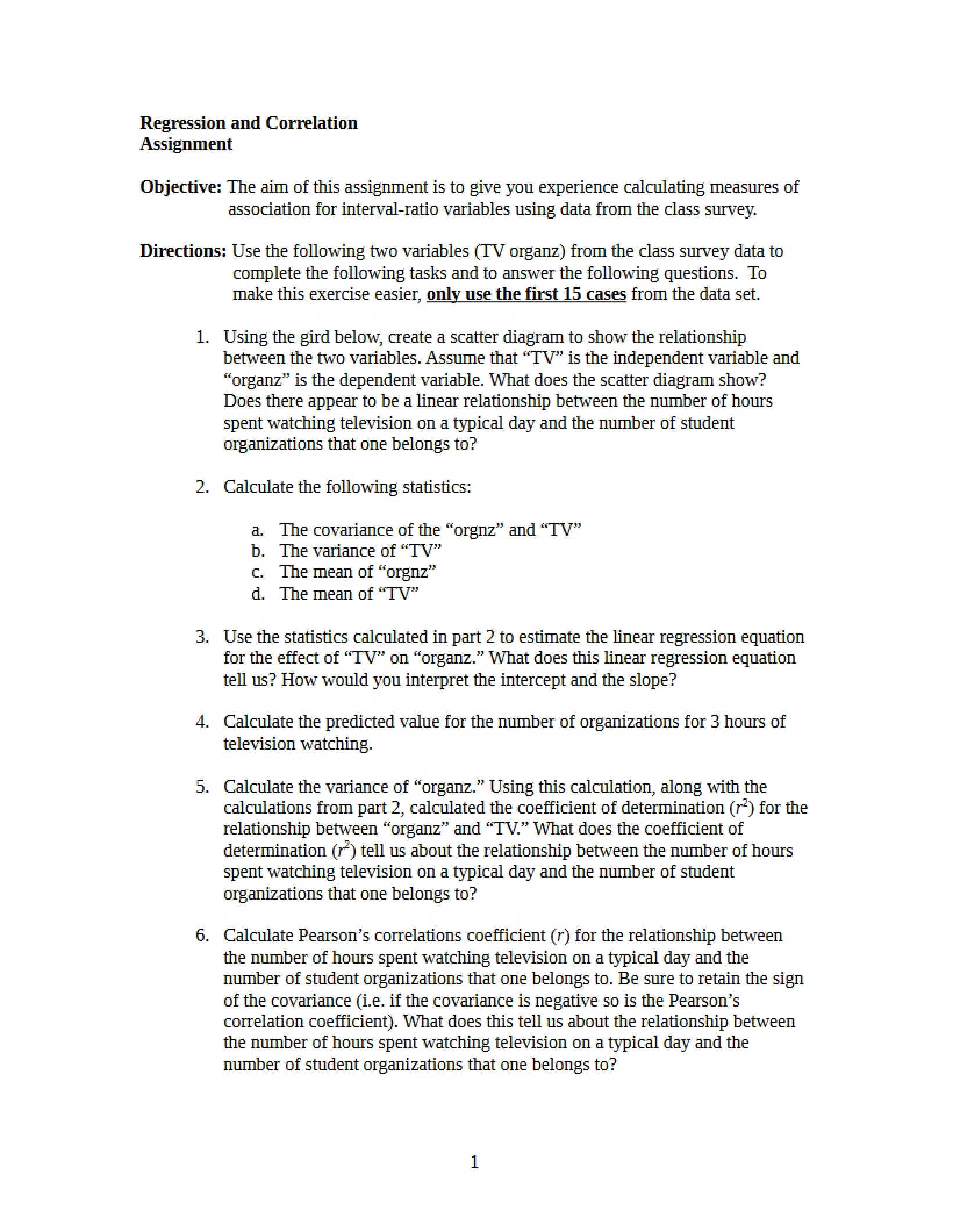 Correlation and Regression Assignment