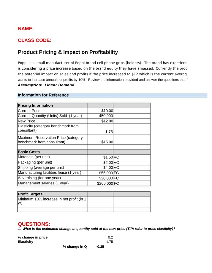 Week 5 Practice Challenge - Pricing, Profits, and Breakeven
