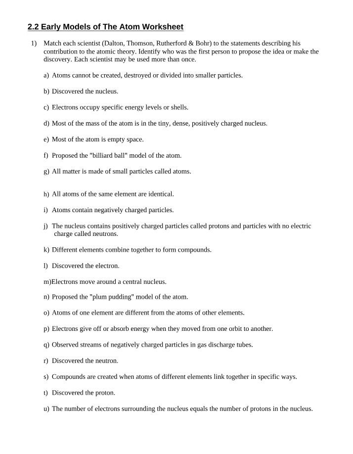 Worksheet on Early Atom Models