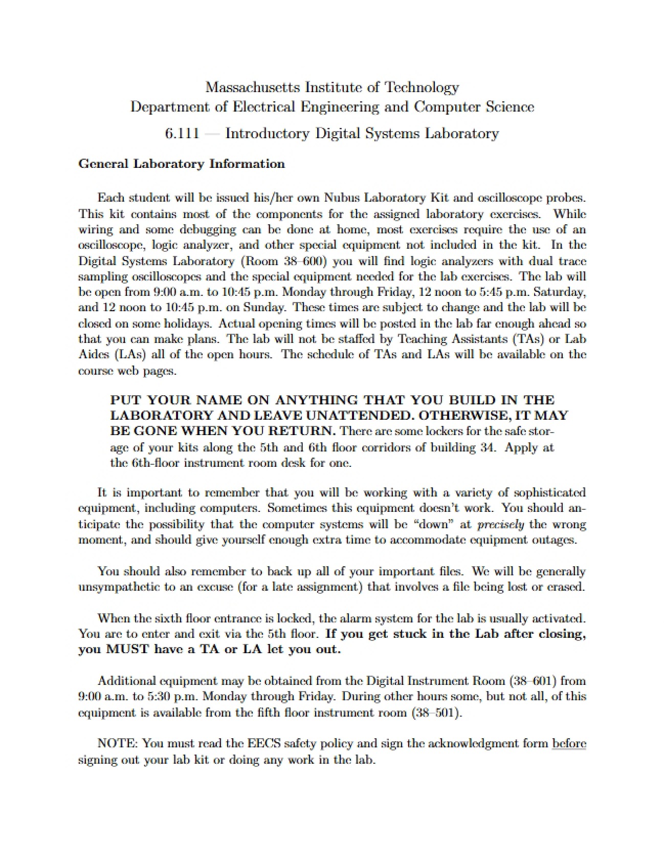 Information regarding the Laboratory