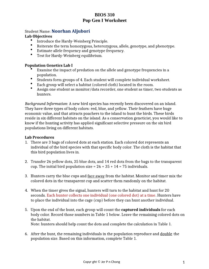Worksheet for Pop Gen I