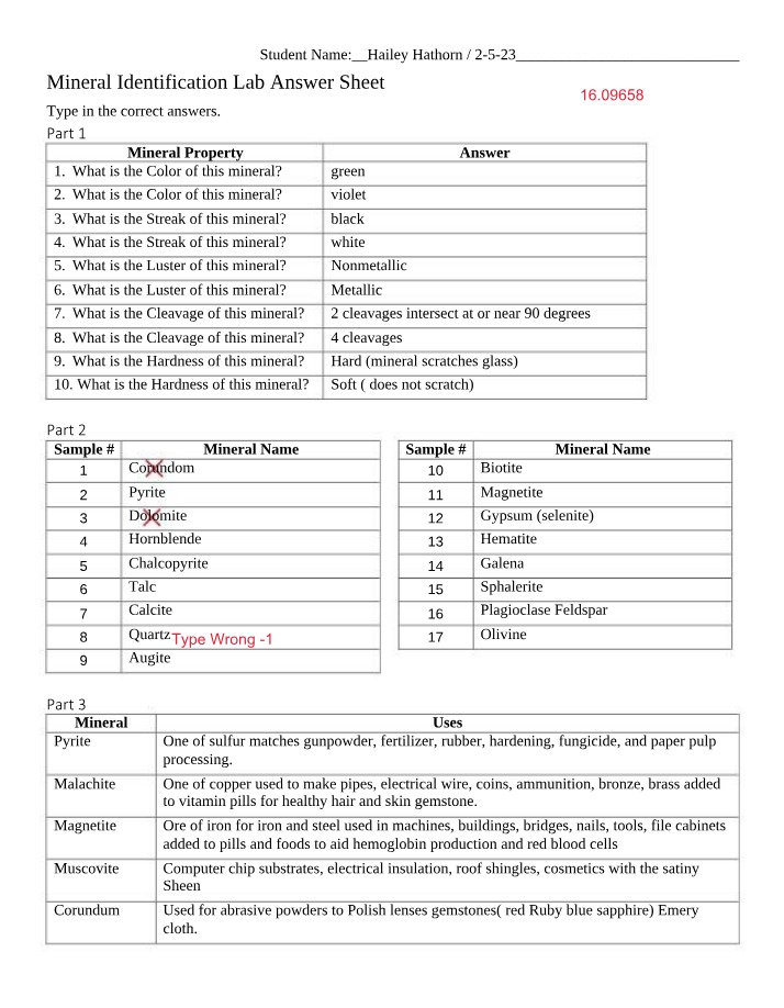 Mineral Identification Lab - Data and Answer Sheet