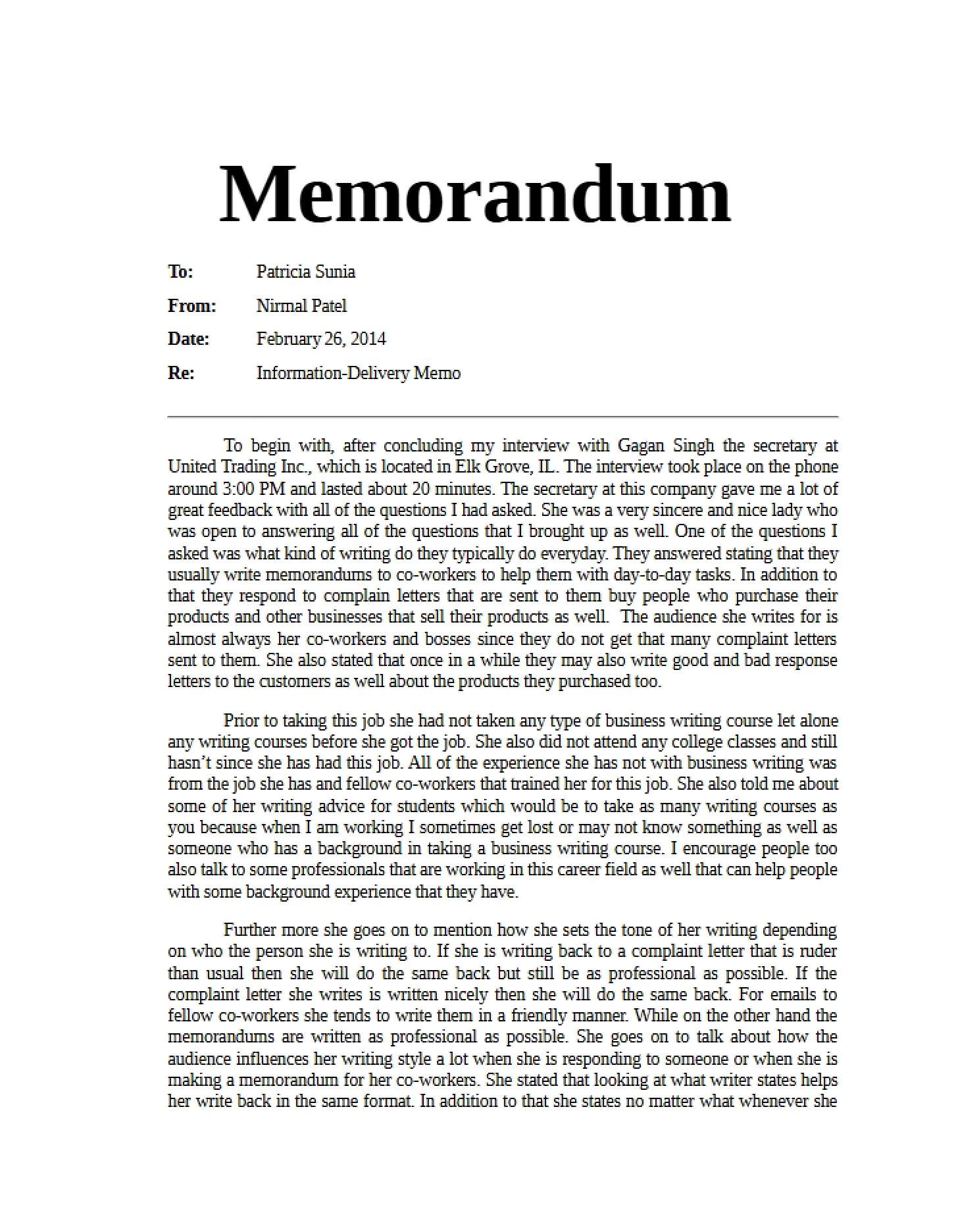 Memo for Delivery of Information