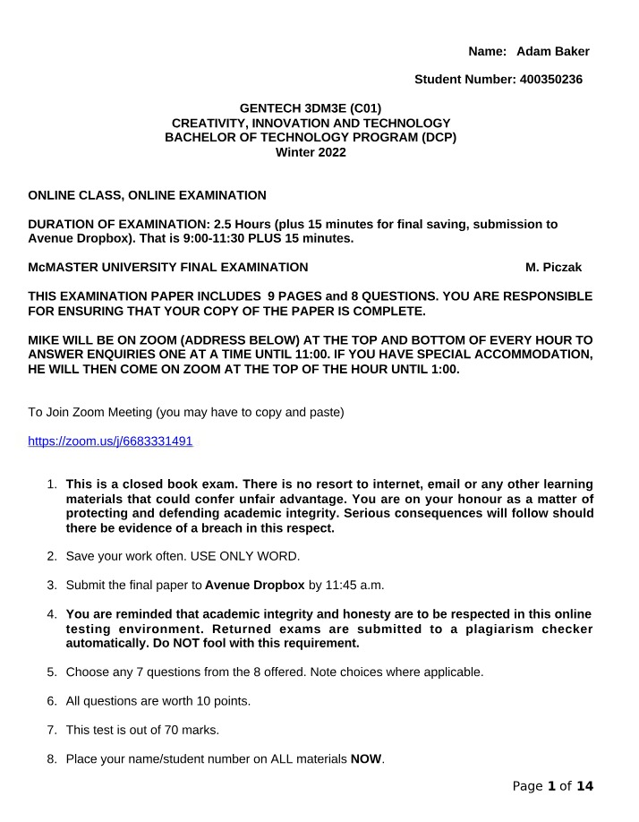 Winter 2022 Final Exam for GENTECH 3DM3E