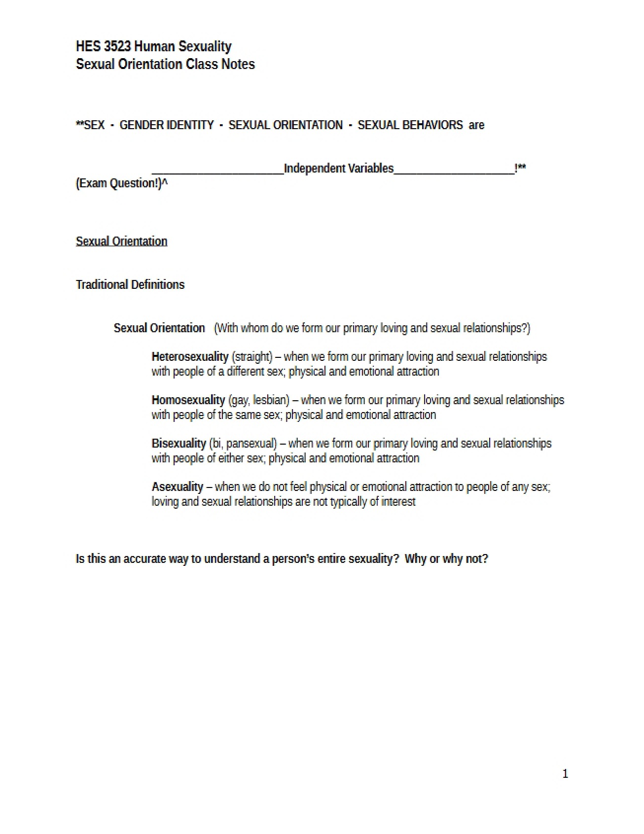 Sexual Orientation Class Notes