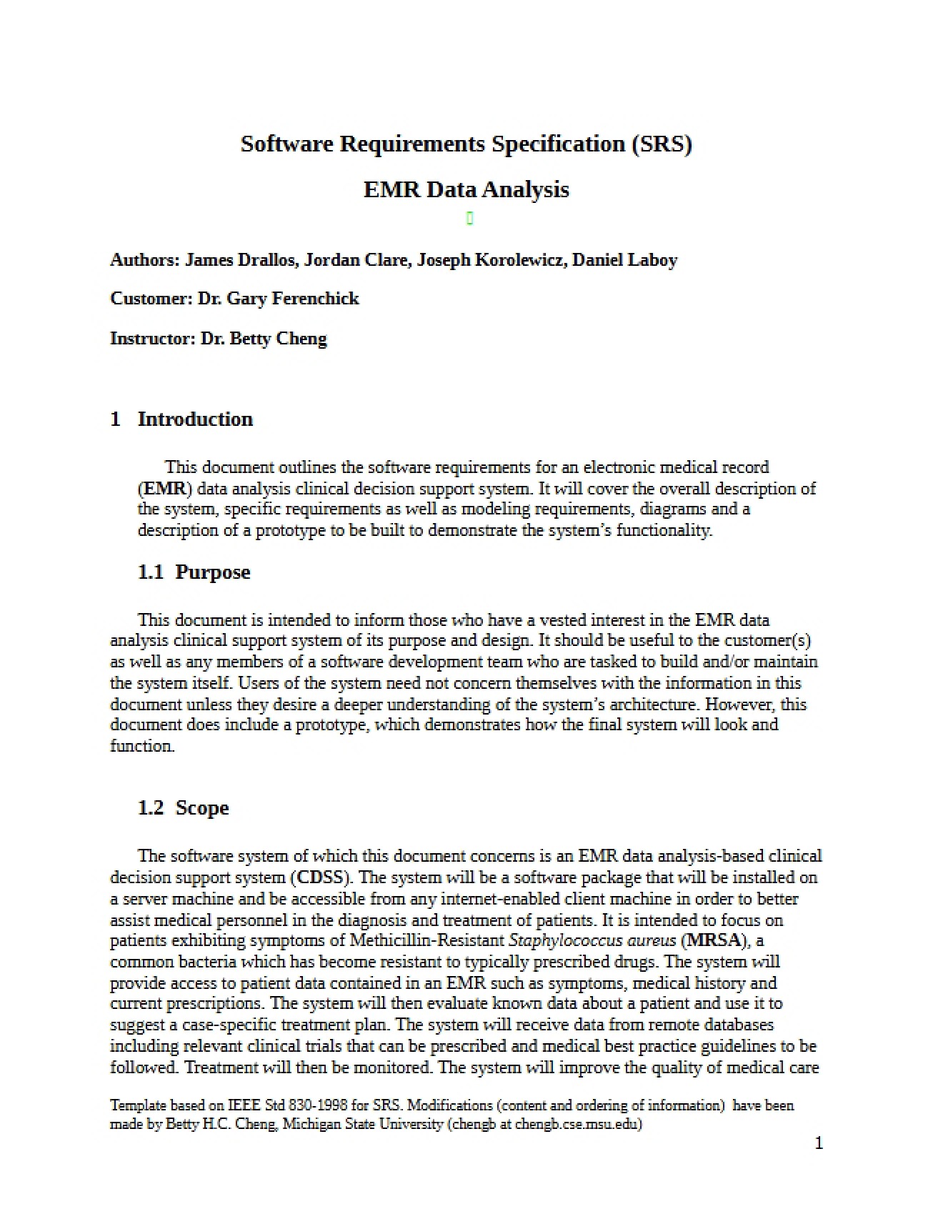 EMR Data Analysis SRS