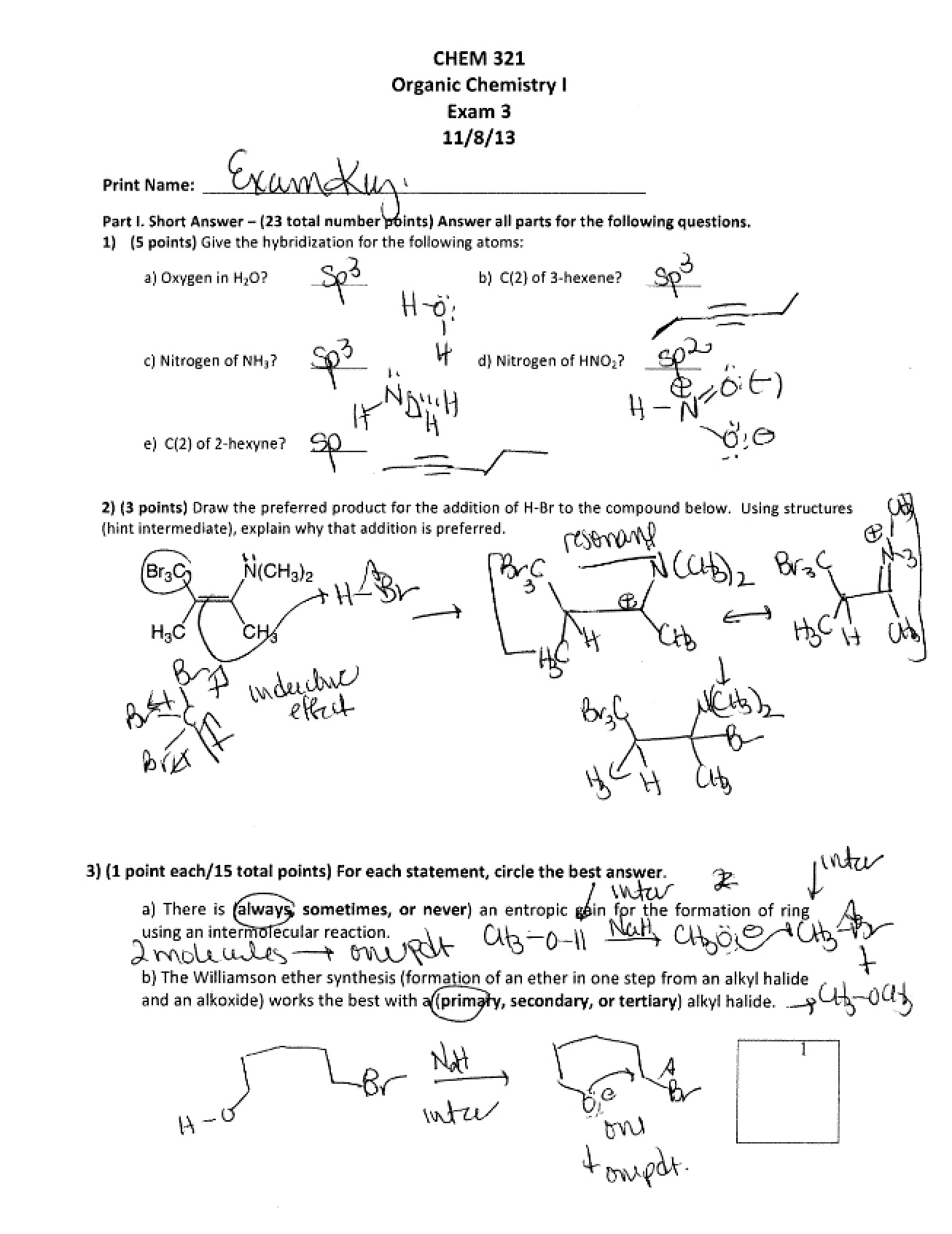 Organic Chemistry I - Exam 3 Solutions (2013)