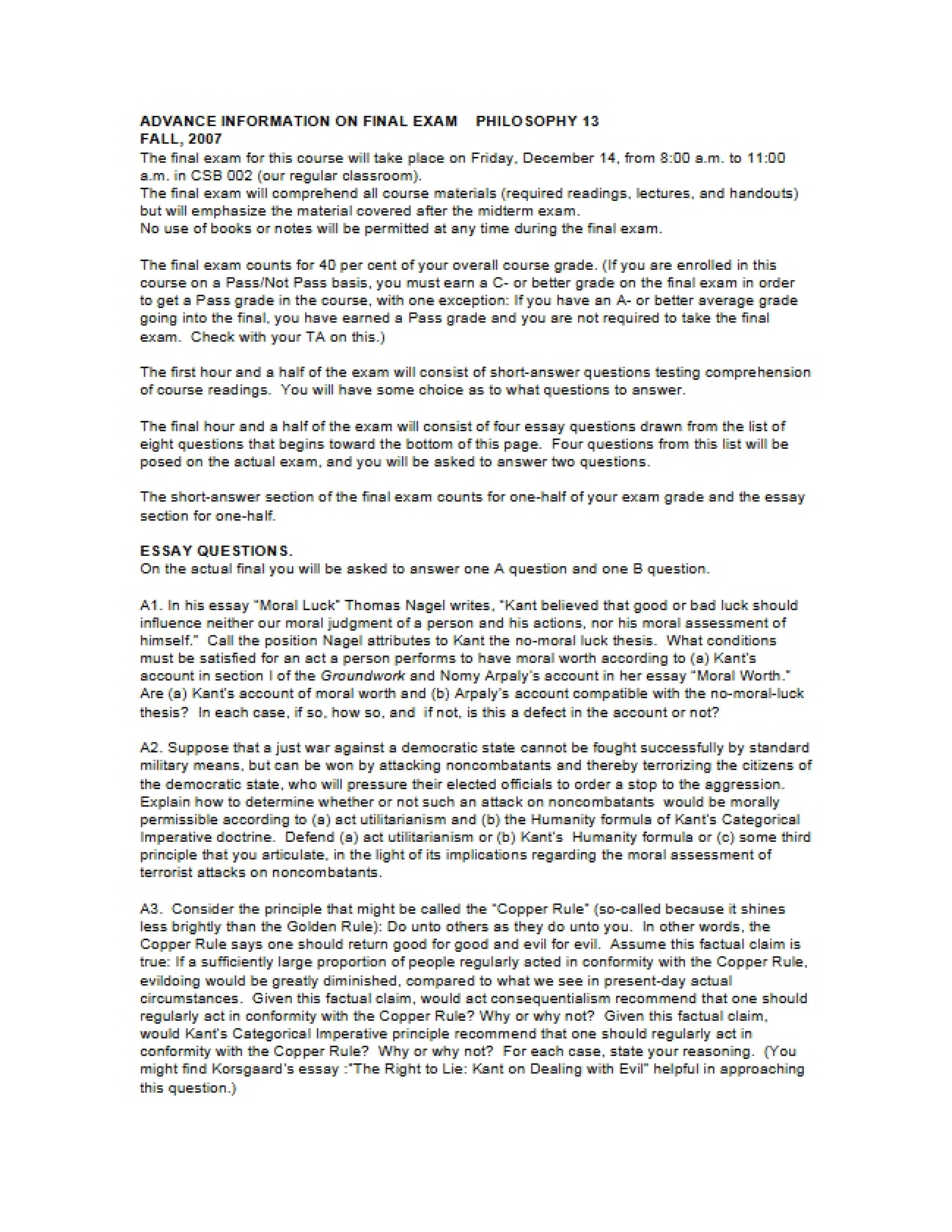 Summative Ethics Course Examination