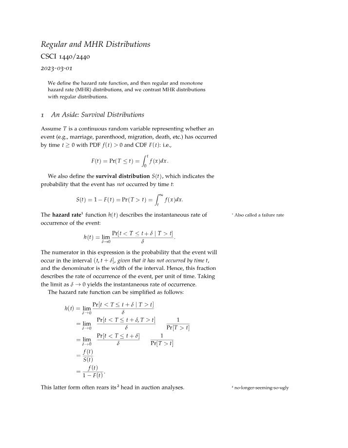CSC 1440 - Regular and MHR Distributions
