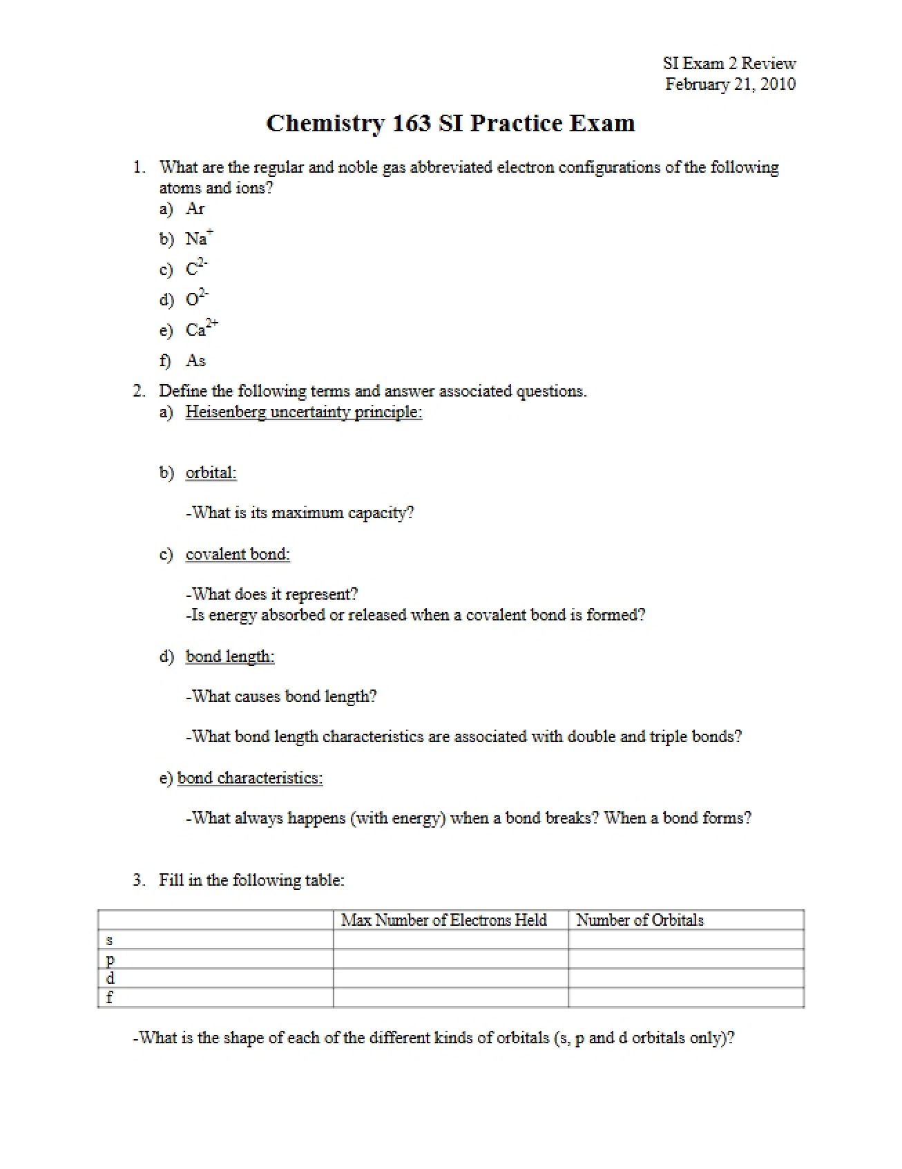 Review for the Second Exam in College Chemistry