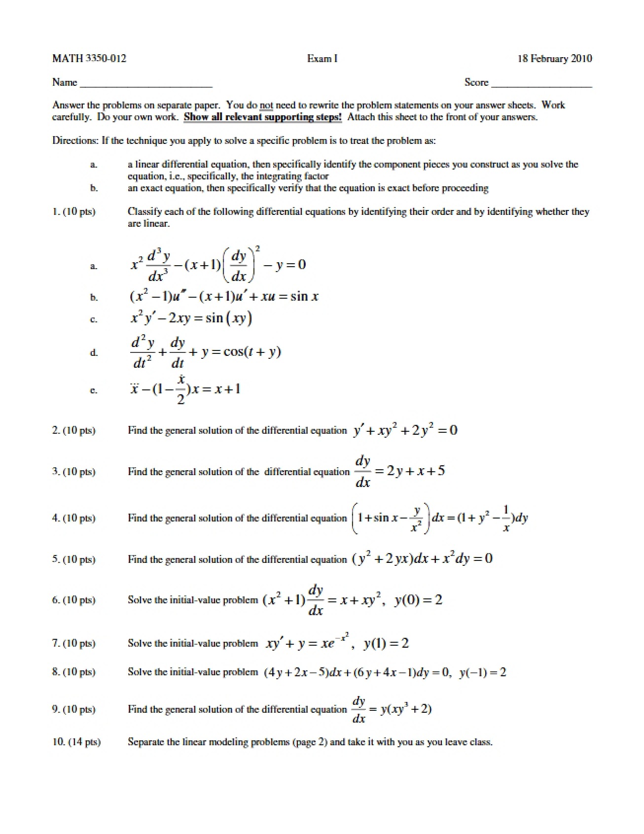 MATH 3350 Exam 1