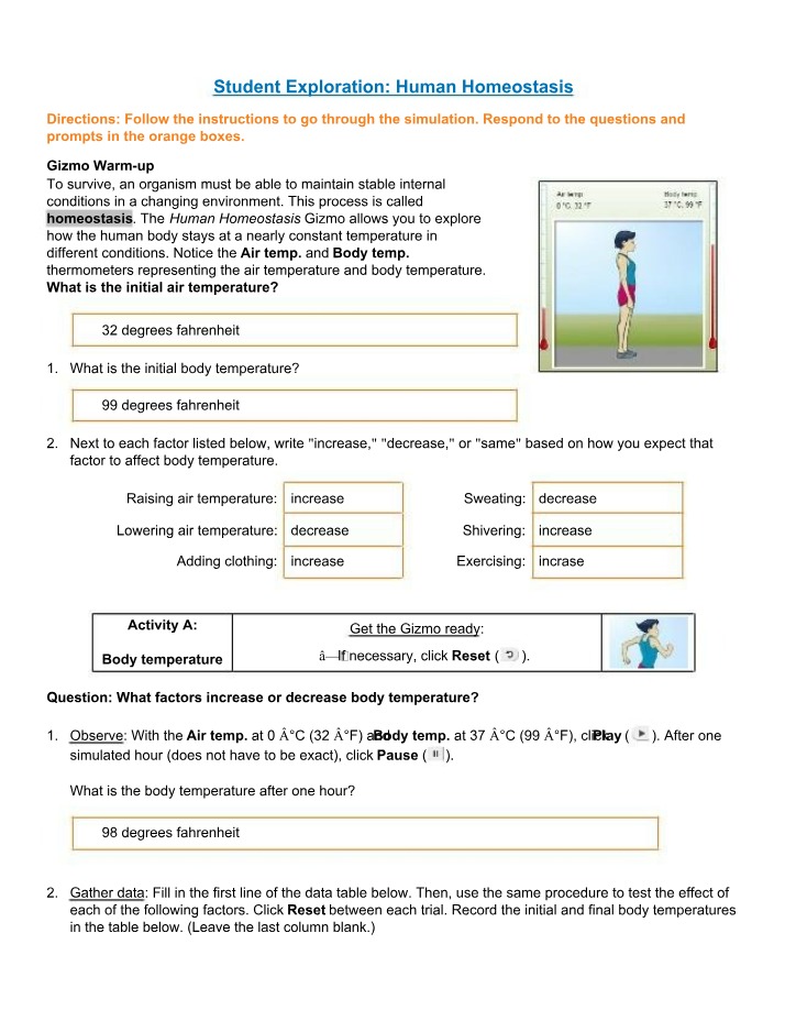 Human Homeostasis - Student Exploration