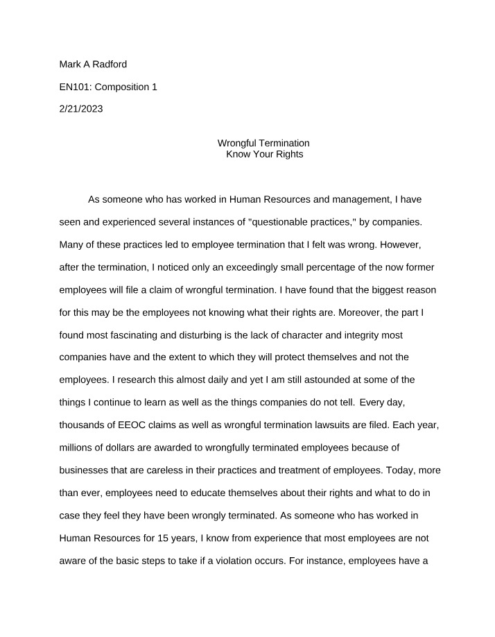 Essay on Wrongful Termination