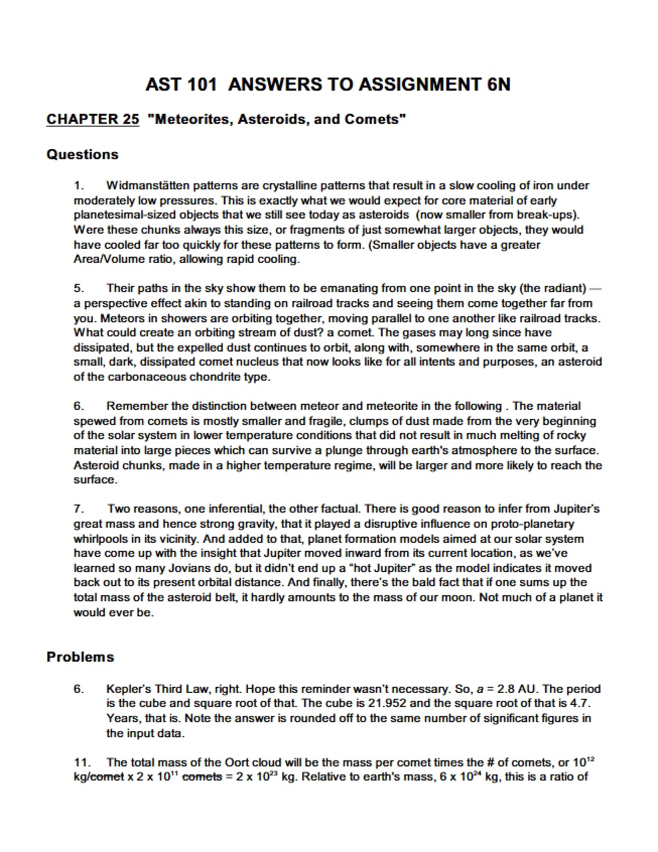 Answers to the Sixth Assignment in Solar System Astronomy