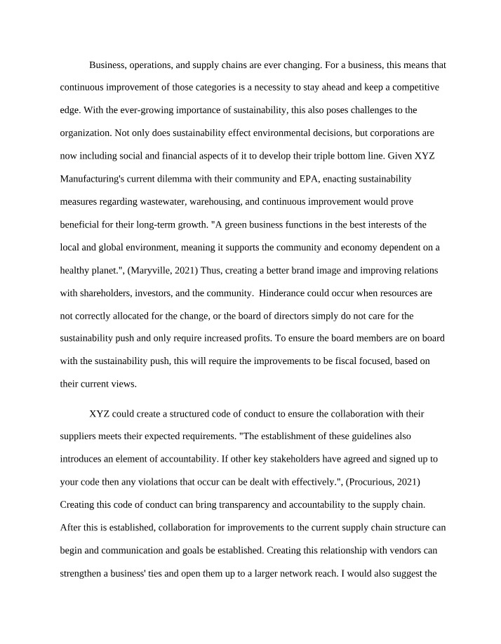XYZ Manufacturing - Supply Chain Management and Sustainability Strategy