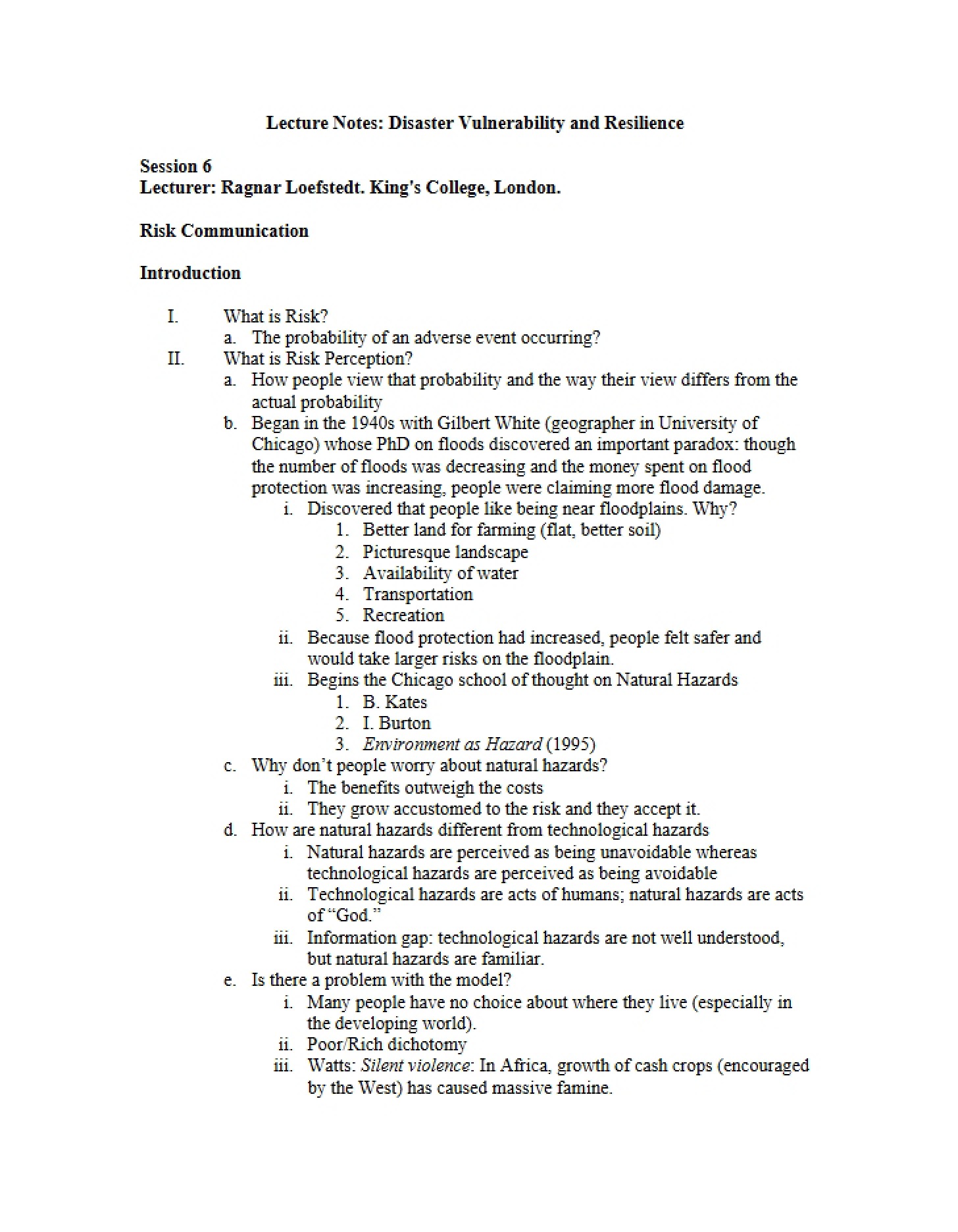 Disaster Vulnerability Lecture Notes