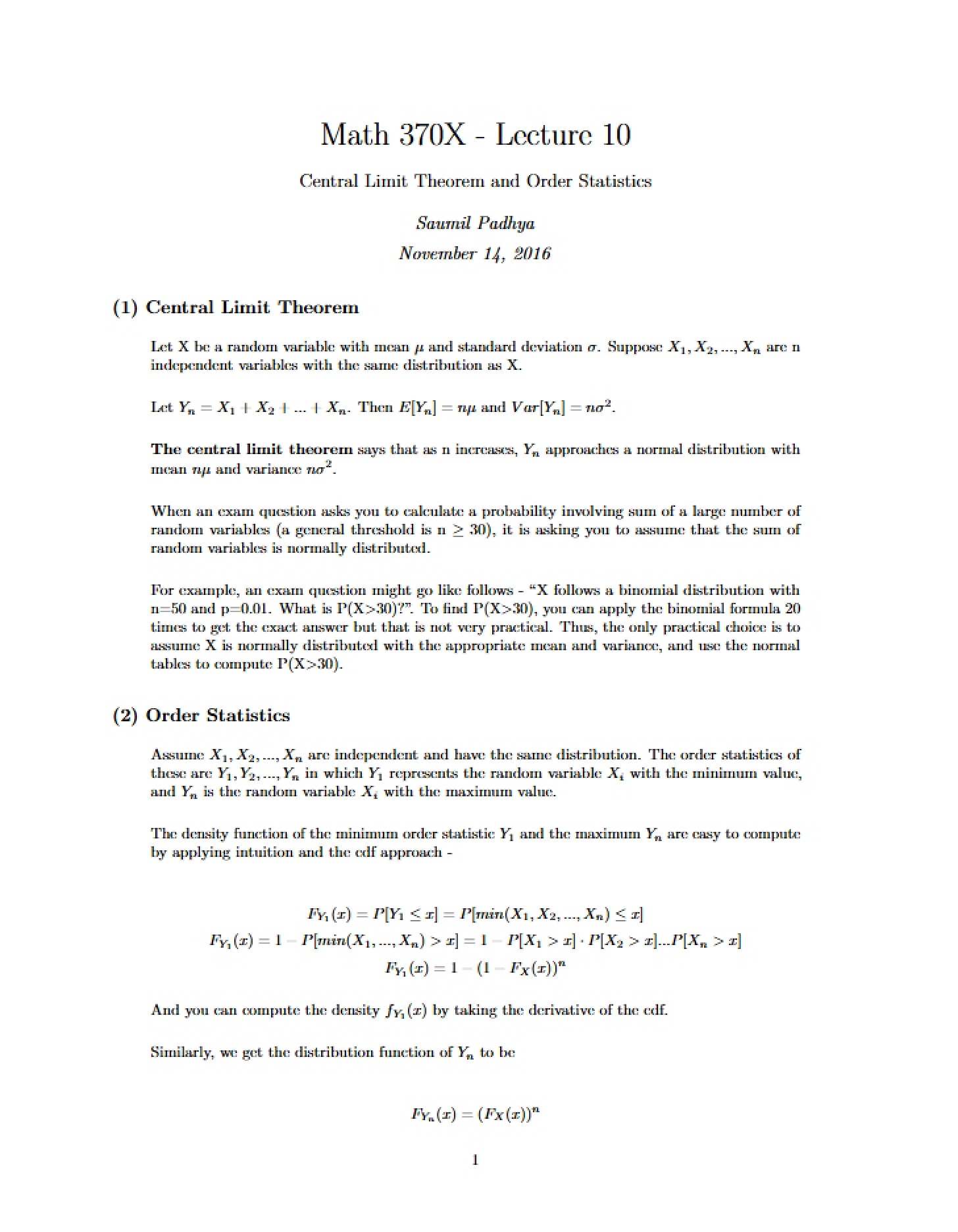 Handout for Lecture 10