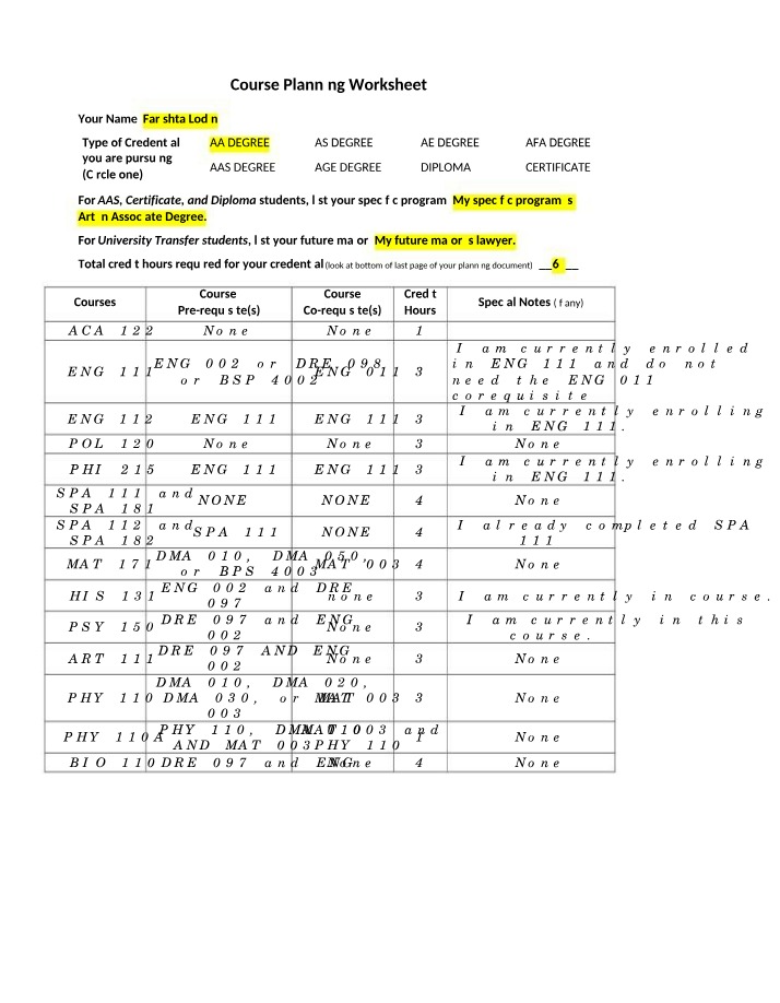 Worksheet for Course Planning