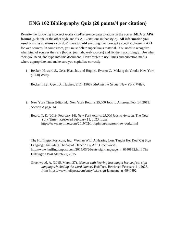 Bibliography Quiz for ENG 102