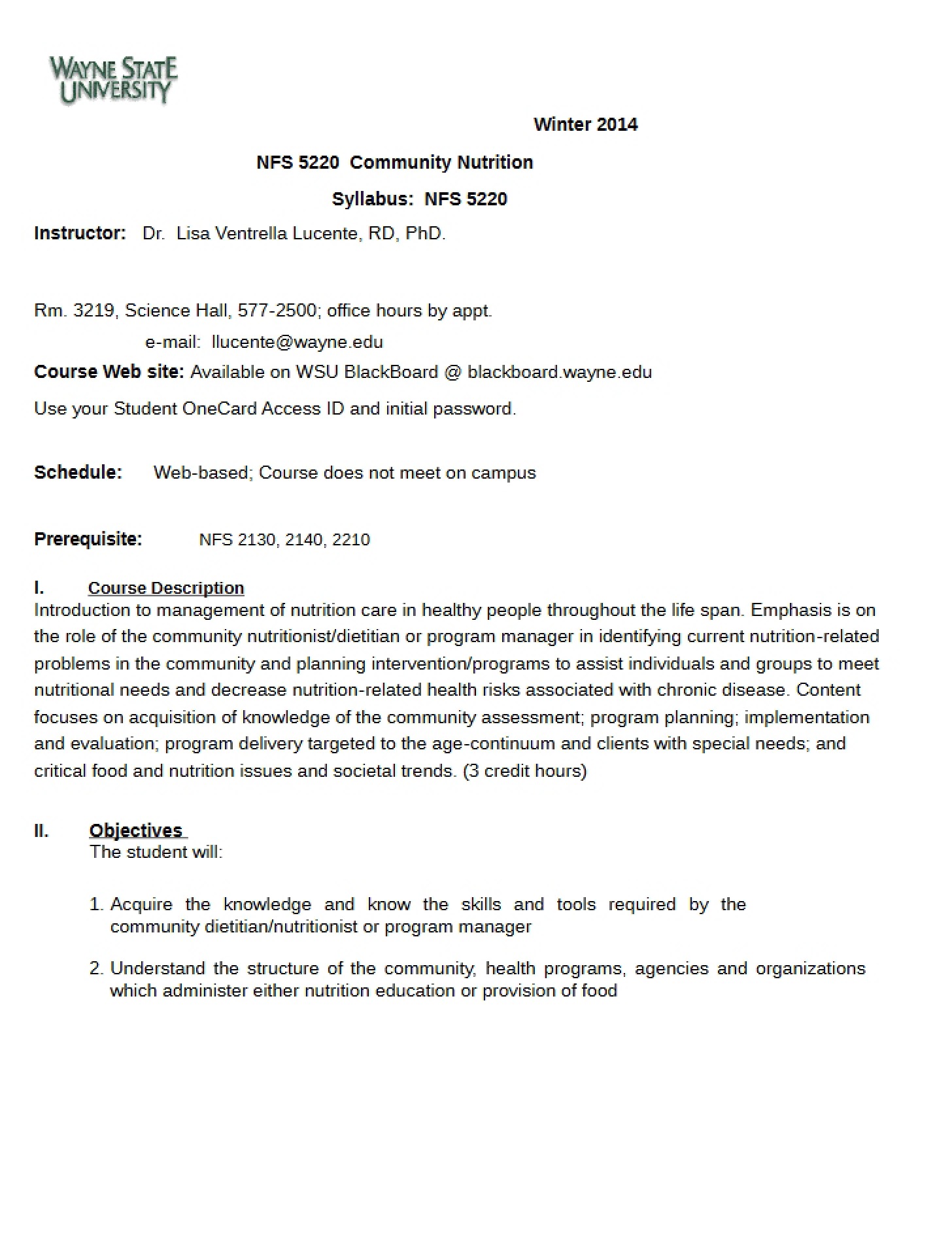 NFS 5220 Course Syllabus Winter 2014
