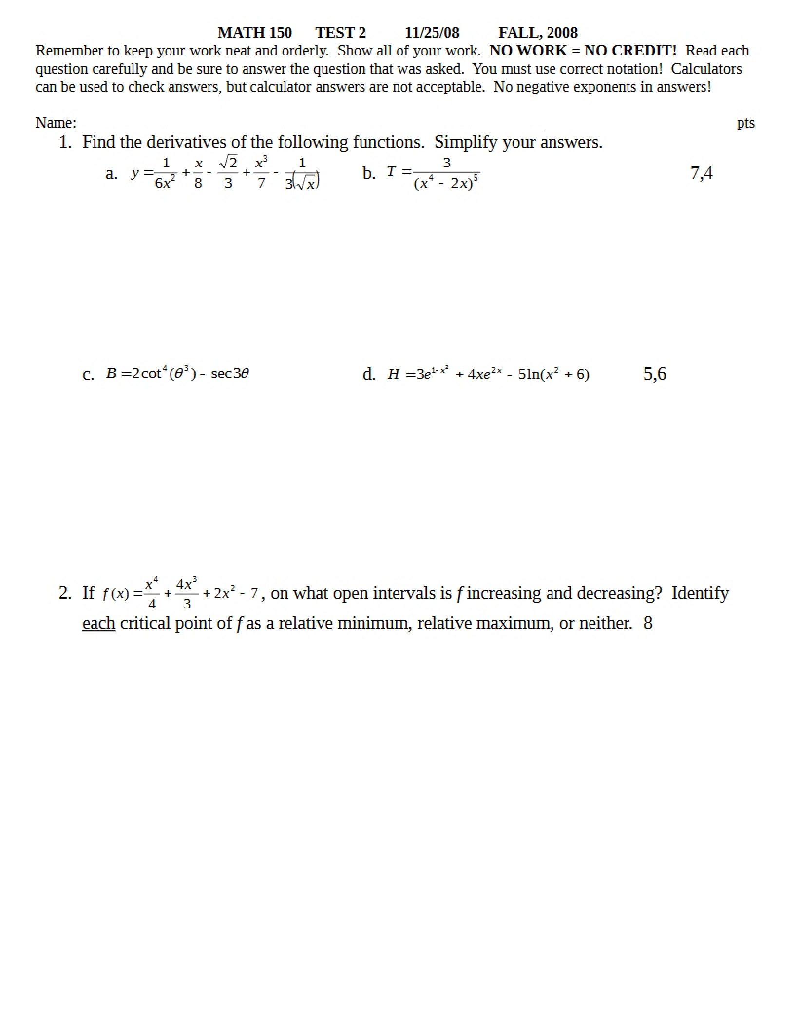 Second Test Math 150