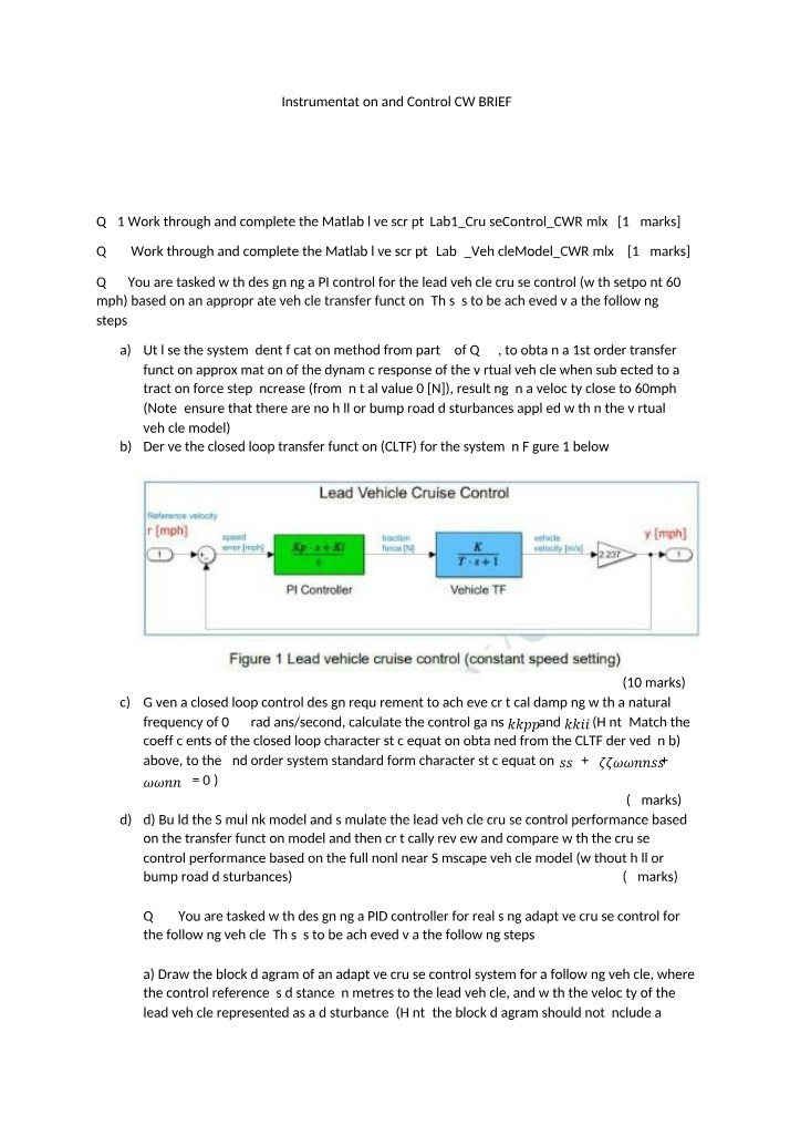 PI Control Design for Lead Vehicle Cruise Control in Matlab