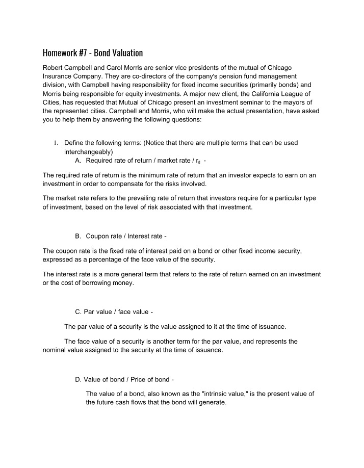 Homework 7 for Bond Valuation