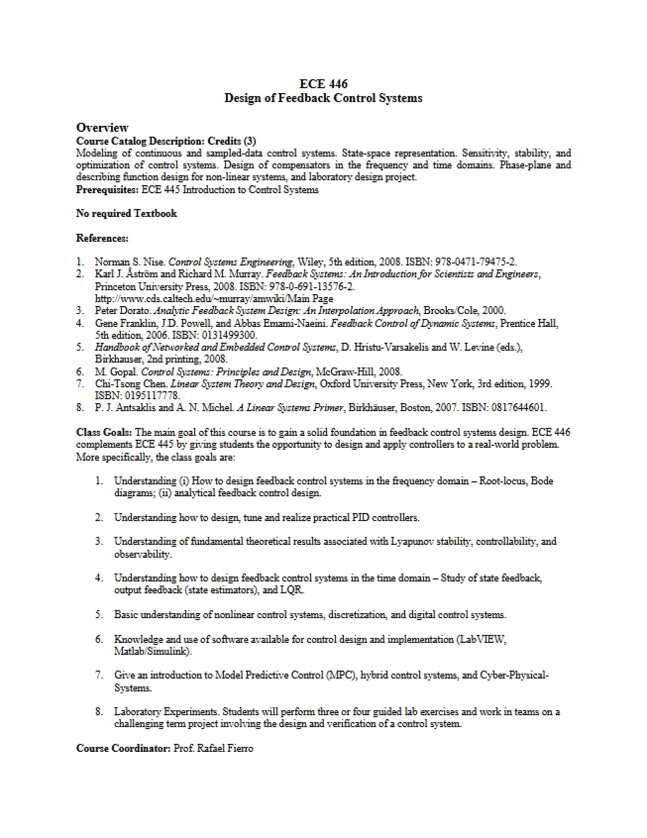 Feedback Control Systems Syllabus