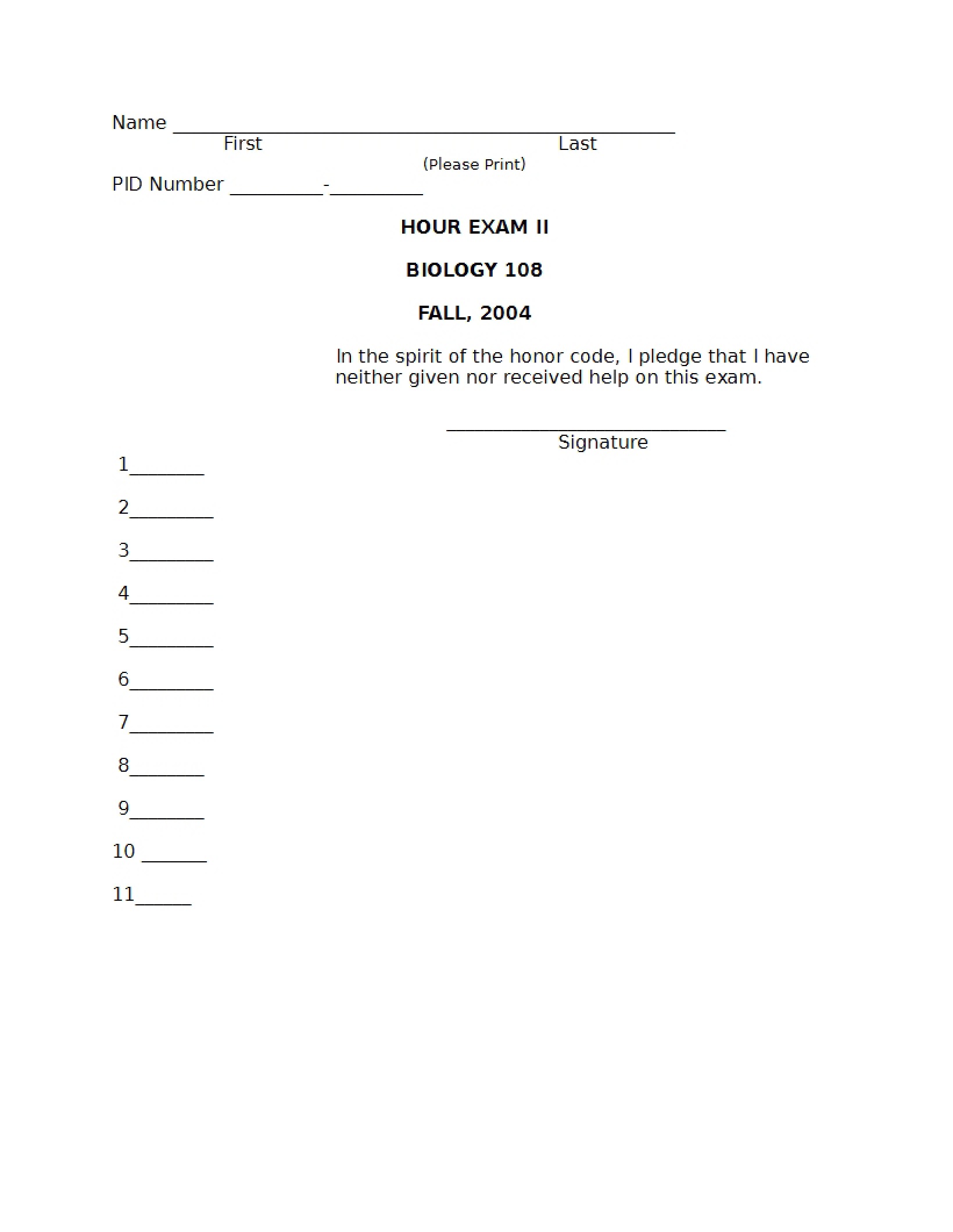 Second Examination for Biology 108