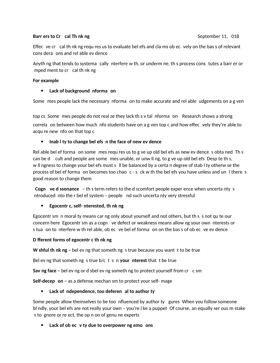 Notes on Barriers to Critical Thinking
