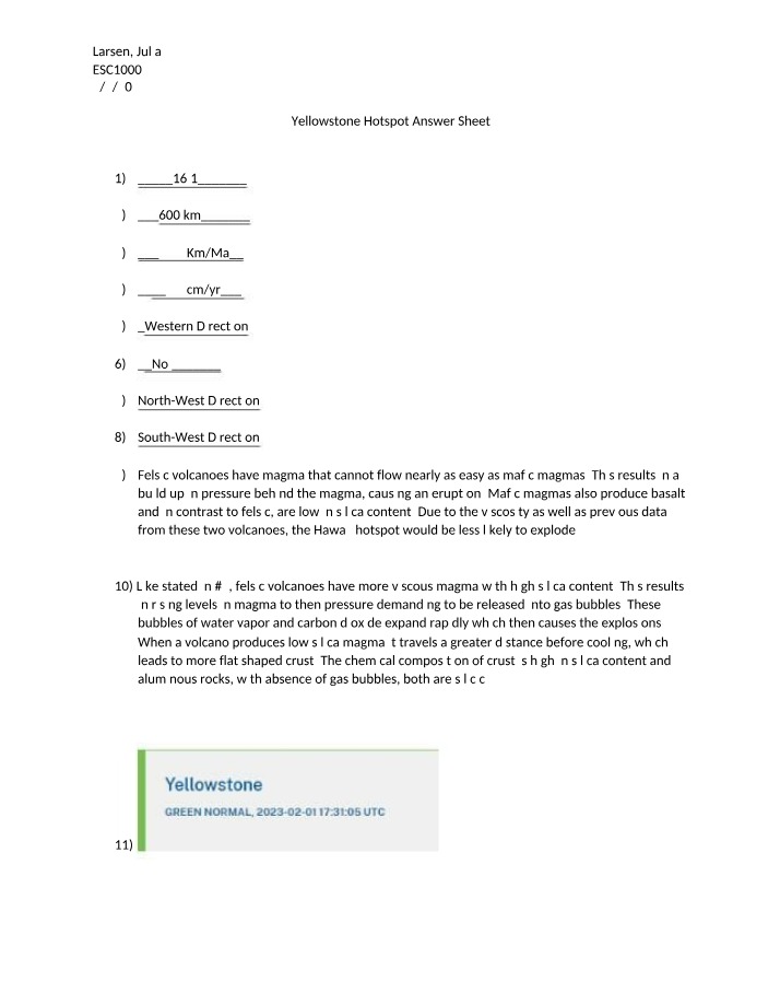 Yellowstone Hotspot Answer Sheet A