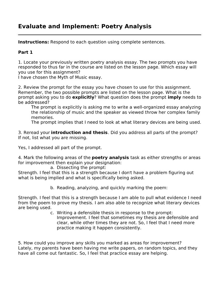 Poetry Analysis - Evaluating Strengths and Areas for Improvement