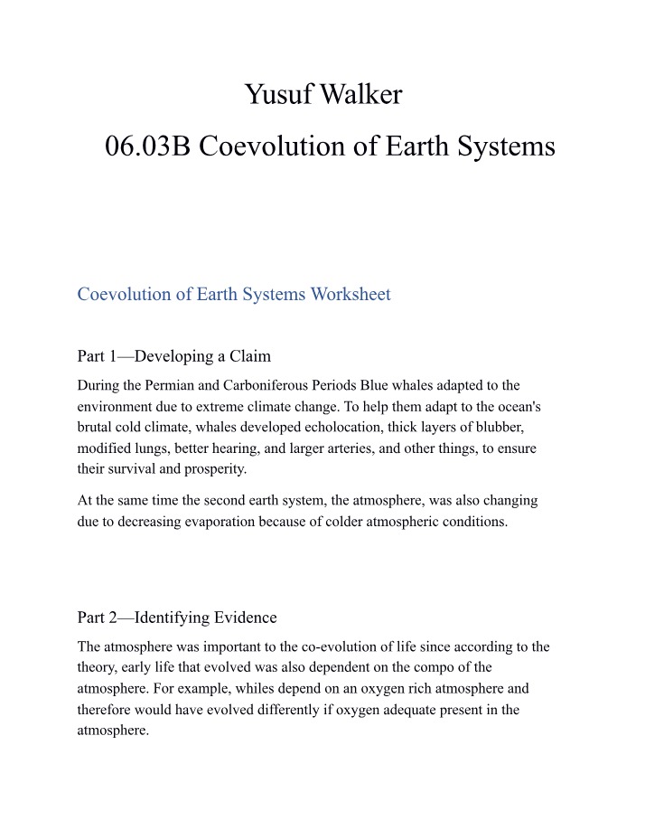 Worksheet on the Coevolution of Earth Systems