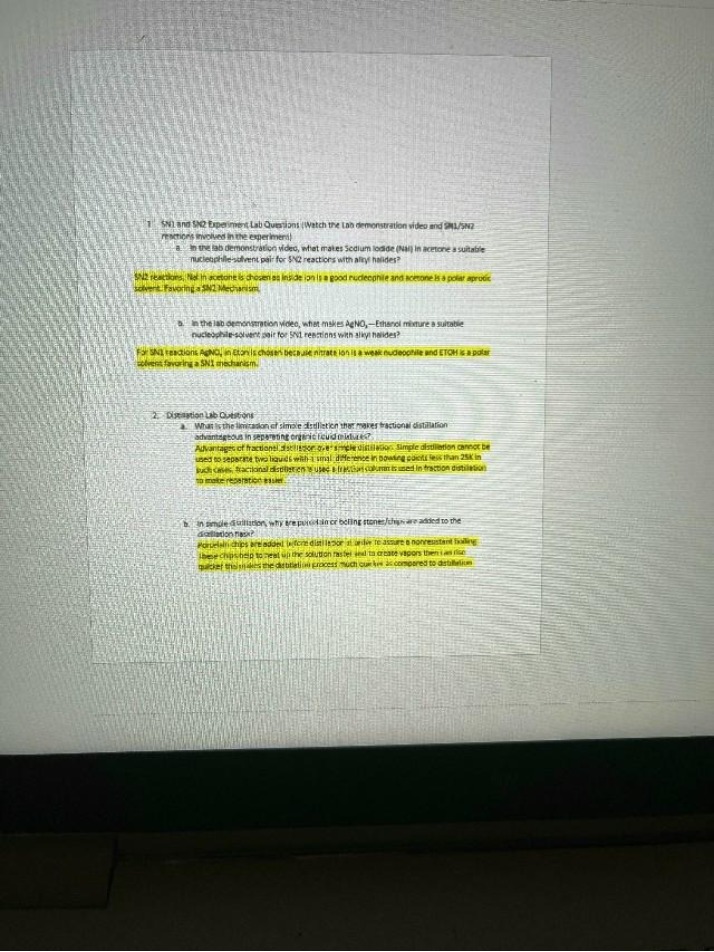 Lab Questions on SN1, SN2 Reactions and Distillation